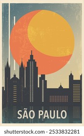 Cartaz da cidade retrô de São Paulo com formas abstratas de horizonte, prédios. Brasil vintage viagem vetor ilustração, paisagem urbana ao nascer do sol, pôr do sol