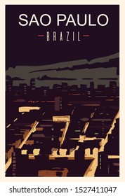 Sao Paulo retro poster. Sao-Paulo travel illustration. States of Brazil greeting card. 