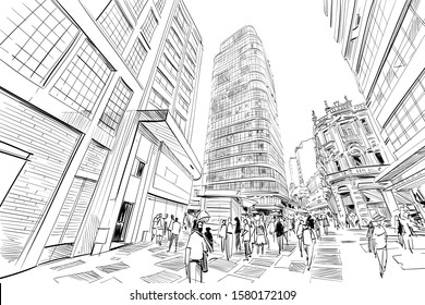 Sao paulo shopping center. Brazil. South America.  Hand drawn city sketch. Vector illustration.