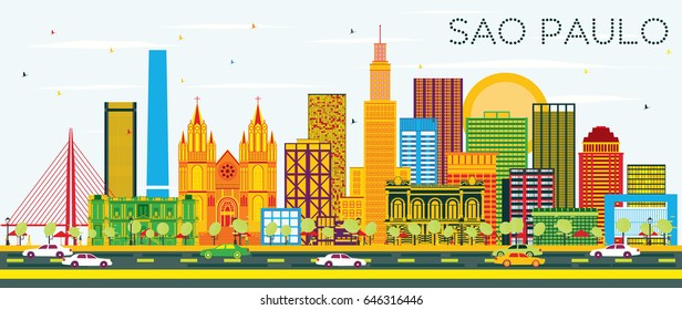 Sao Paulo Skyline with Color Buildings and Blue Sky. Vector Illustration. Business Travel and Tourism Concept with Modern Buildings. Image for Presentation Banner Placard and Web Site.