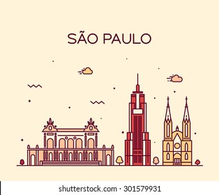 Silhueta detalhada do horizonte de São Paulo. Ilustração vetorial na moda, estilo de arte de linha.