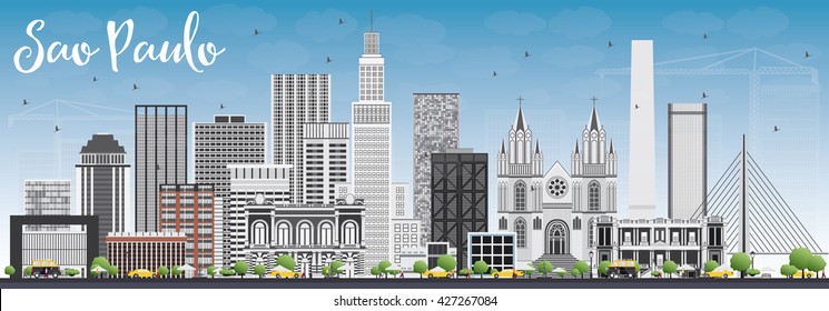 Sao Paulo Skyline with Gray Buildings and Blue Sky. Vector Illustration. Business Travel and Tourism Concept with Modern Buildings. Image for Presentation Banner Placard and Web Site.