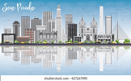 Línea aérea de São Paulo con edificios grises, cielo azul y reflexiones. Ilustración vectorial. Concepto de viajes de negocios y turismo con edificios modernos. Imagen para Presentación Placard Banner y Sitio Web.