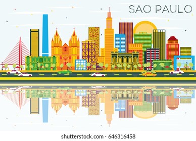 Línea aérea de São Paulo con edificios grises, cielo azul y reflexiones. Ilustración vectorial. Concepto de viajes de negocios y turismo con edificios modernos. Imagen para Presentación Placard Banner y Sitio Web.