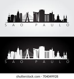 Sao Paulo skyline and landmarks silhouette, black and white design, vector illustration.