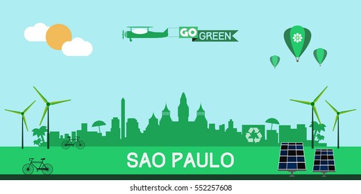 Sao Paulo skyline silhouette flat design vector, green city concept