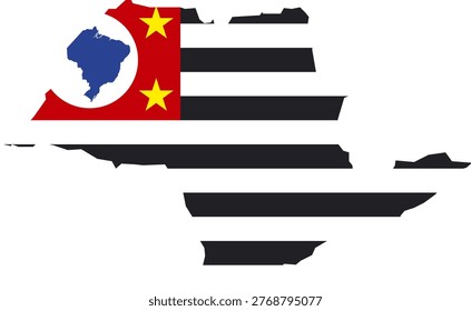 Sao Paulo State Map with Flag Design and Accurate Geographic Contours. Professional vector silhouette featuring the iconic black, white, and red stripes with the blue rectangle and stars. Ideal for Brazil financial infographics, Sao Paulo business reports, and South American economic news. Clean 2D minimalist graphic