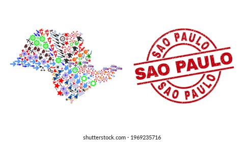 Mosaico del mapa del estado de Sao Paulo y estampado del círculo rojo grunge de Sao Paulo. El sello de São Paulo usa líneas vectoriales y arcos. El mosaico del mapa del estado de Sao Paulo incluye engranajes, casas, destornilladores, bichos, hombres,