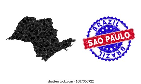 Sao Paulo State map polygonal mesh with filled triangles, and unclean bicolor watermark. Triangle mosaic Sao Paulo State map with mesh vector model, triangles have various sizes, and positions,