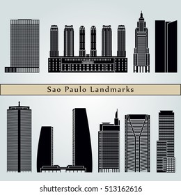 Puntos de referencia y monumentos de São Paulo V2 aislados en fondo azul en archivo vectorial editable