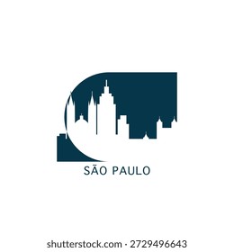 Ícone vetorial de São Paulo com horizonte, vista panorâmica, forma da cidade. Conceito de logotipo de pontos de referência do Brasil. Gráfico isolado plano azul, emblema