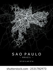 Mapa vetorial de São Paulo em preto. Detalhou mapa de São Paulo no Brasil. Melhor ilustração de vetor livre. Mapa de rua decorativo turístico.