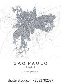 Sao Paulo vector map. Detailed map of Sao Paulo in Brazil. Best free vector illustration. Tourist decorative street map.