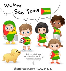 Sao Tome : Boys and girls holding flag and wearing shirts with national flag print : Vector Illustration