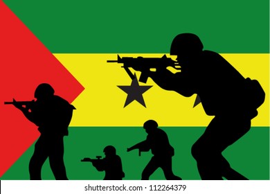 The Sao Tome E Principe flag and the silhouette of soldiers