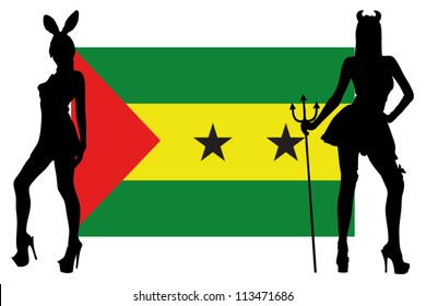 The Sao Tome E Principe flag with silhouettes of women in sexy costumes