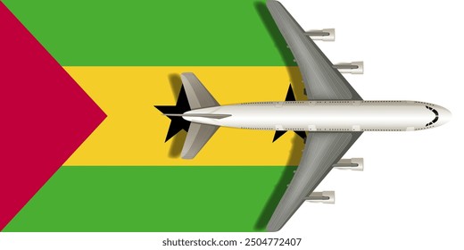 Sao Tome flag with airplane flying over it close up. Vector image.