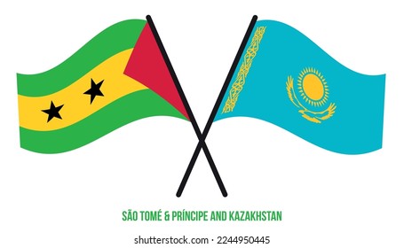 Sao Tome and Kazakhstan Flags Crossed And Waving Flat Style. Official Proportion. Correct Colors.