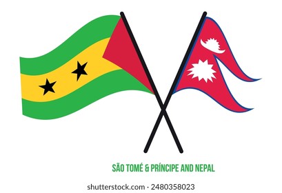 Sao Tome and Nepal Flags Crossed And Waving Flat Style. Official Proportion. Correct Colors.