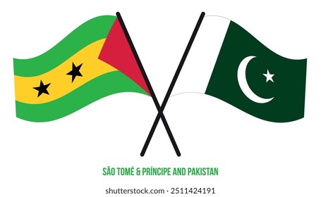 Sao Tome and Pakistan Flags Crossed And Waving Flat Style. Official Proportion. Correct Colors.