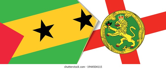 Sao Tome and Principe and Alderney flags, two vector flags symbol of relationship or confrontation.