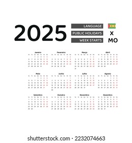 Sao Tome and Principe Calendar 2025. Week starts from Monday. Vector graphic design. Portuguese language.