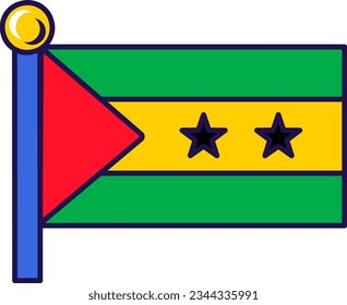 Sao Tome and Principe country flag on flagpole for registration of solemn event, meeting foreign guests. SAO official flag on pole of participating states. Simple vector isolated on white background