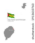 Sao Tome and Principe country map. Gray editable map with waving national flag and Sao Tome city capital, Middle Africa country territory borders vector illustration on white background