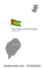 Mapa de Santo Tomé y Príncipe. Mapa editable en gris con bandera nacional ondeando y capital de la ciudad de Santo Tomé, territorio del país de África Central frontera ilustración vectorial en fondo blanco