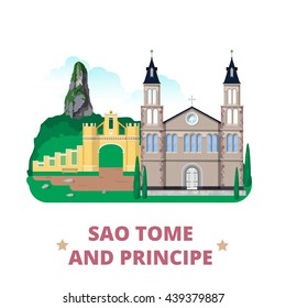 Sao Tome and Principe countryflat cartoon style historic sight showplace web site vector illustration. World vacation travel Africa African collection. The Cathedral Roca Belo Monte Pico Cao Grande.