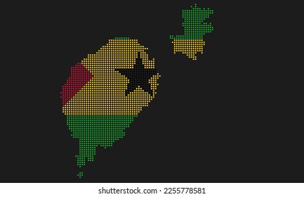 Sao Tome and Principe dotted map flag with grunge texture in mosaic dot style. Abstract pixel vector illustration of a country map with halftone effect for infographic. 