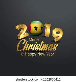 Sao Tome and Principe Flag 2019 Merry Christmas Typography. New Year Abstract Celebration background