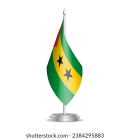 Sao Tome and Principe flag - 3D mini flag hanging on desktop flagpole. Usable for summit or conference presentaiton. Vector illustration with shading.