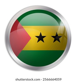 Sao Tome and Principe flag - glossy circle button displays a colorful flag representing a country cultural identity and heritage. The essence of national pride and unity.