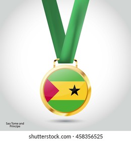 Sao Tome and Principe Flag in gold Medal. Vector Illustration. RIO Olympic Game gold Medal. Vector Illustration