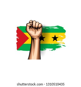 Sao Tome and Principe flag and hand on white background. Vector illustration