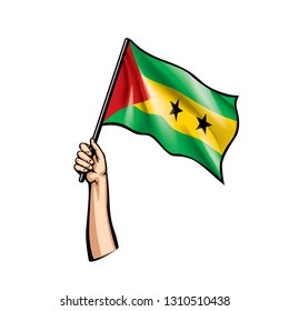 Sao Tome and Principe flag and hand on white background. Vector illustration