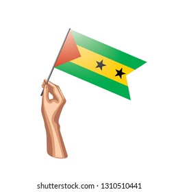 Sao Tome and Principe flag and hand on white background. Vector illustration