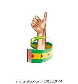 Sao Tome and Principe flag and hand on white background. Vector illustration