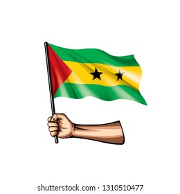 Sao Tome and Principe flag and hand on white background. Vector illustration