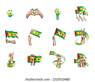 Sao Tome and Principe flag and hand on white background. Vector illustration