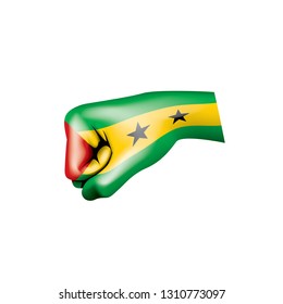 Sao Tome and Principe flag and hand on white background. Vector illustration