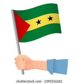 Sao Tome and Principe flag in hand. Patriotic background. National flag of Sao Tome and Principe vector illustration