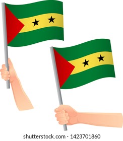 Sao Tome and Principe flag in hand. Patriotic background. National flag of Sao Tome and Principe vector illustration