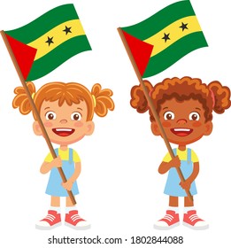 Sao Tome and Principe flag in hand. Children holding flag. National flag of Sao Tome and Principe vector