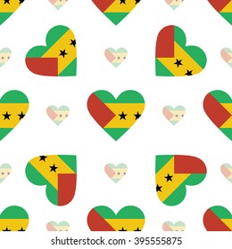 Sao Tome and Principe flag heart seamless pattern. Patriotic Sao Tome and Principe flag background. Country flag in the shape of heart. Vector seamless pattern.