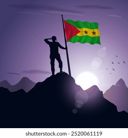 Bandeira de São Tomé e Príncipe hasteada em um pico de montanha com um pôr do sol roxo ao fundo, ilustração vetorial