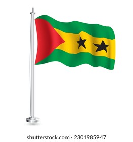 Sao Tome and Principe Flag. Isolated Realistic Wave Flag of Sao Tome and Principe Country on Flagpole. Vector Illustration.