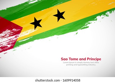 Sao Tome and Principe flag made in brush stroke background. National day of Sao Tome and Principe. Creative national country flag icon. Abstract painted grunge style brush flag background.
