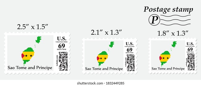 Sao Tome and Principe flag map on postage stamp different size.